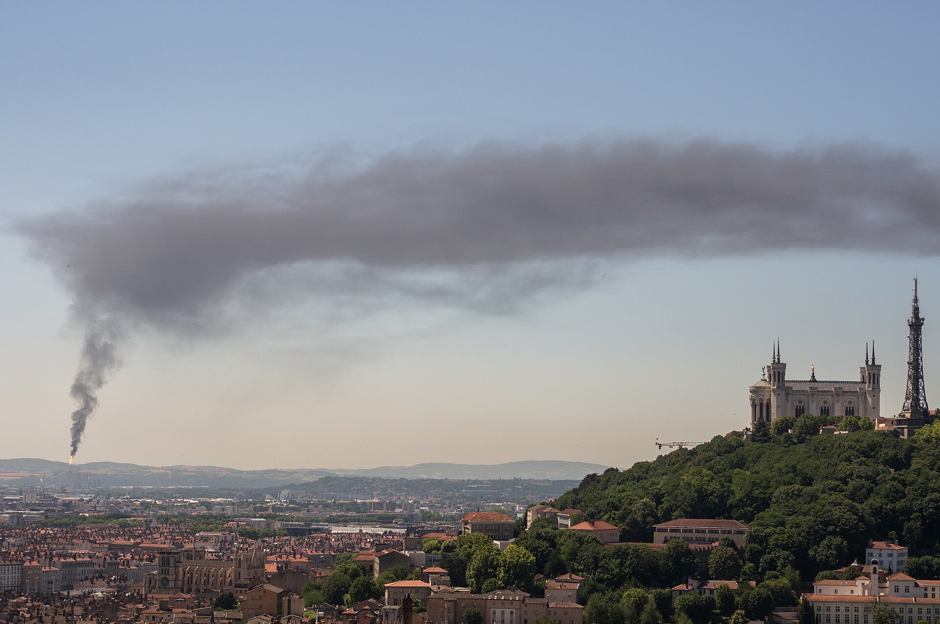 Oil refinery smoke over Lyon and Fourvière — industrial site in Lyon and Rhône-Alpes, France